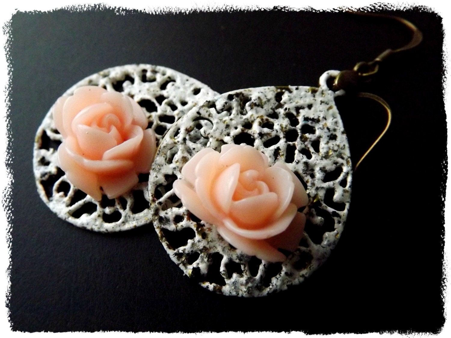 Lace and Roses, enameled filigree earrings