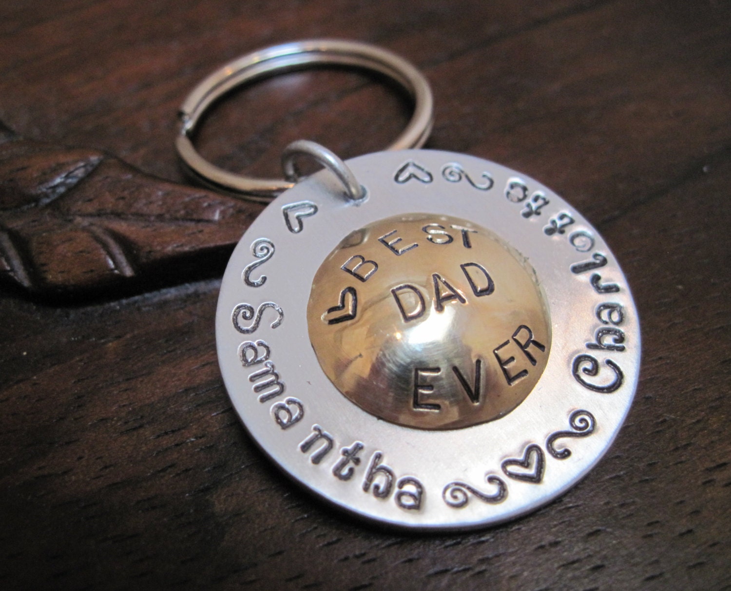 Fathers Day Key Chain - Best Dad Ever on Bronze with Two Hand Stamped Names