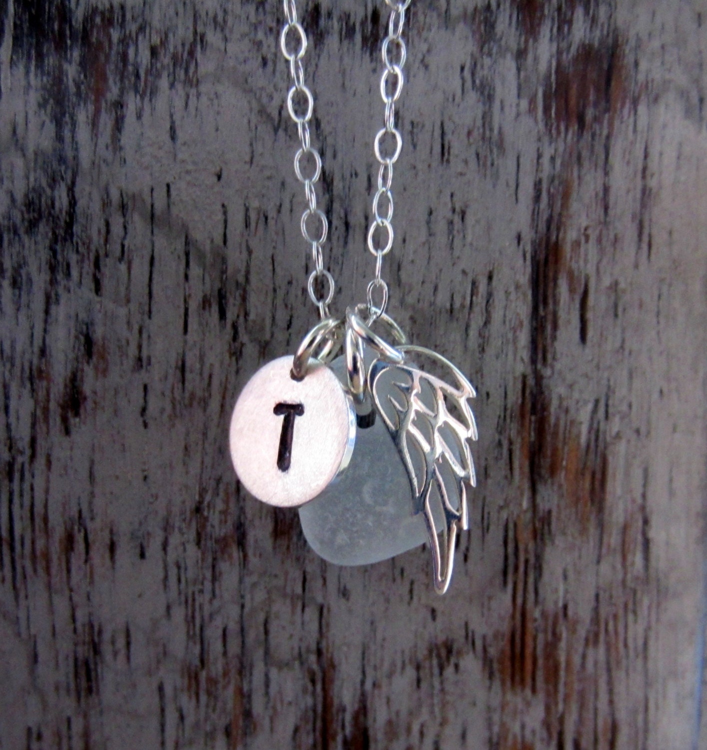 Personalized Charm Necklace with Sterling Silver Angel Wing and Sea Glass Initial Charm Made to Order Memorial Necklace, Guardian Angel