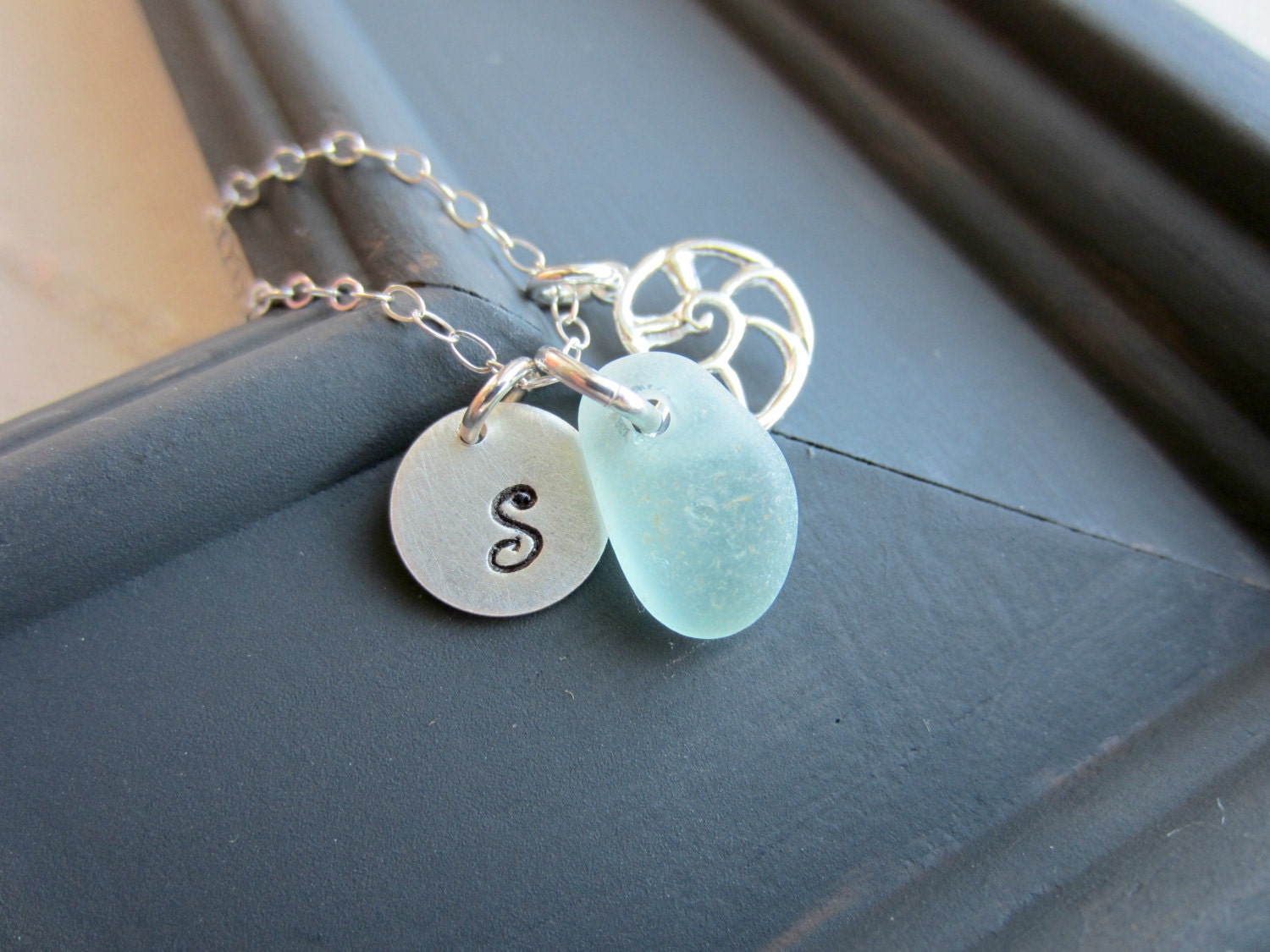 Nautilus Sea Shell Charm Necklace, Sterling Silver White Sea Glass, Sea Life Jewelry Personalized Initial Charm Necklace Aqua, Ocean Gift