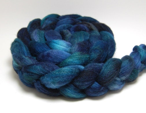 Handpainted Merino Silk Wool Roving - Mare Vitalis - 4 oz Navy Blue Green