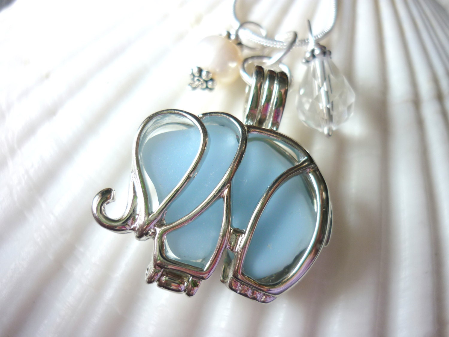 Elephant Sea Glass Necklace Locket Filigree Blue Seaglass