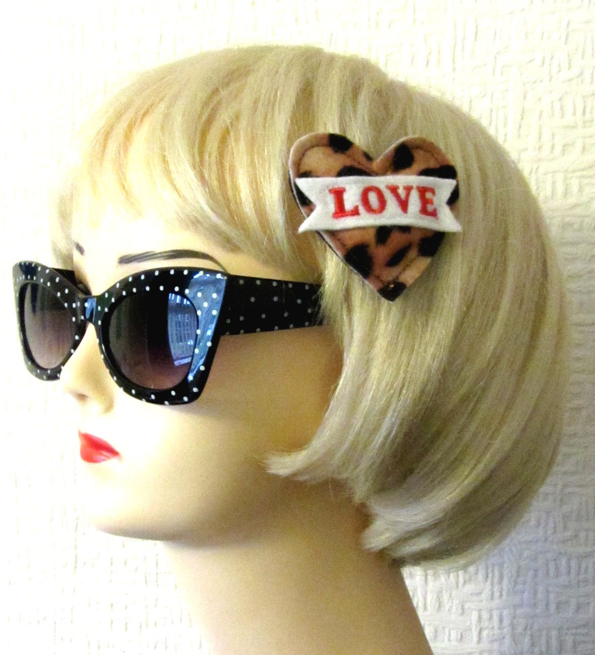 Leopard LOVE banner felt heart Hairclip, Tattoo Style by Dolly Cool