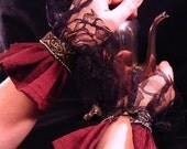 Gothic Couture Lace and Ruffle Victorian Cuffs  deep burgundy satin for Steampunk Vampire Goth Romantic look