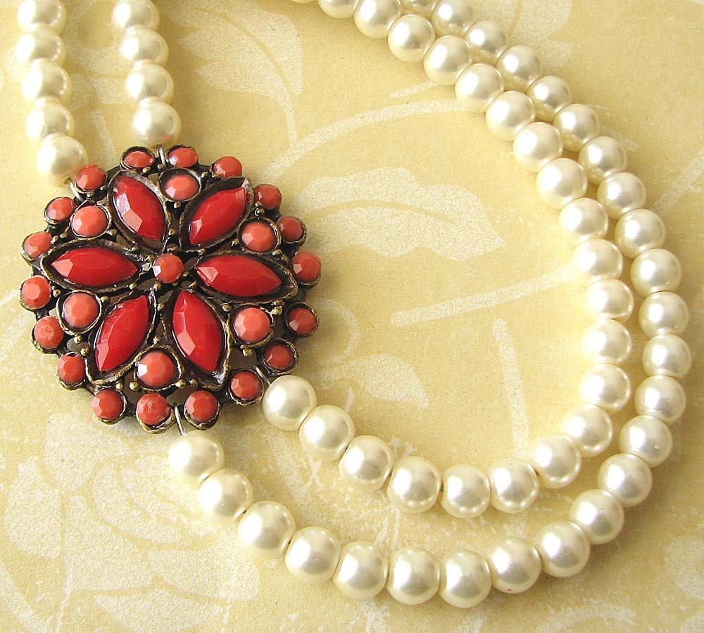 Coral Necklace Vintage Wedding Jewelry Wedding Pearl Necklace Statement Jewelry Double Strand Necklace