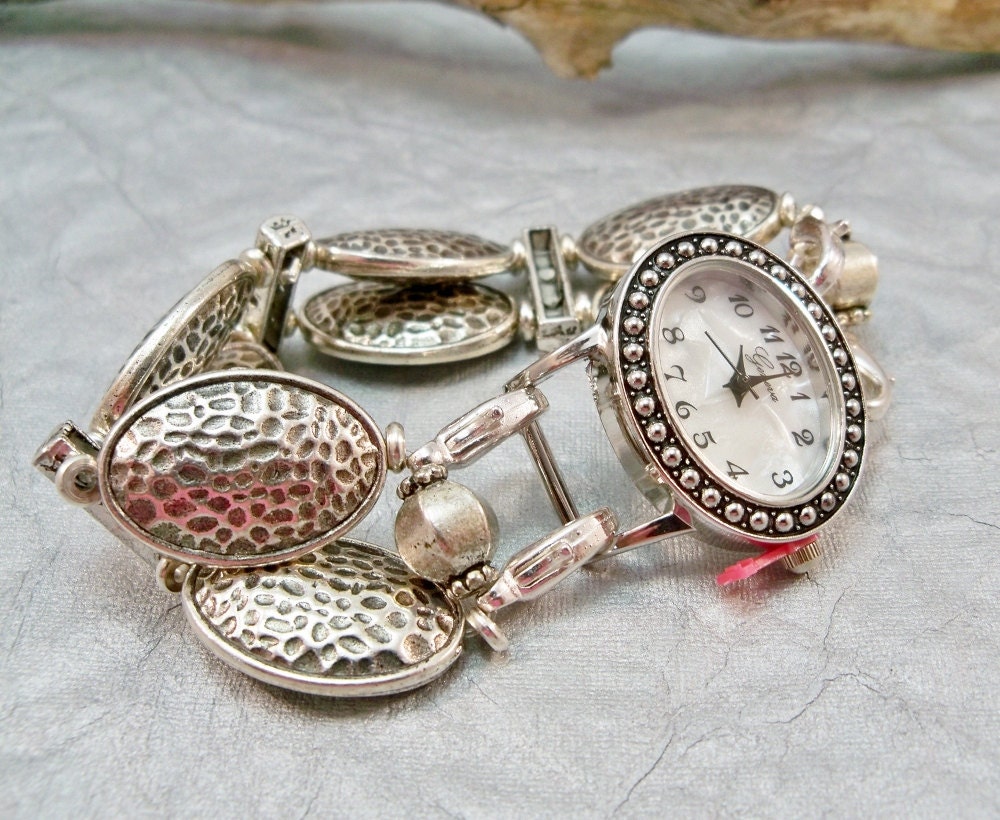 Small Watch with Interchangeable Watch Band, Silver Spacer Beads , Beaded Watch Band, Silver Watch