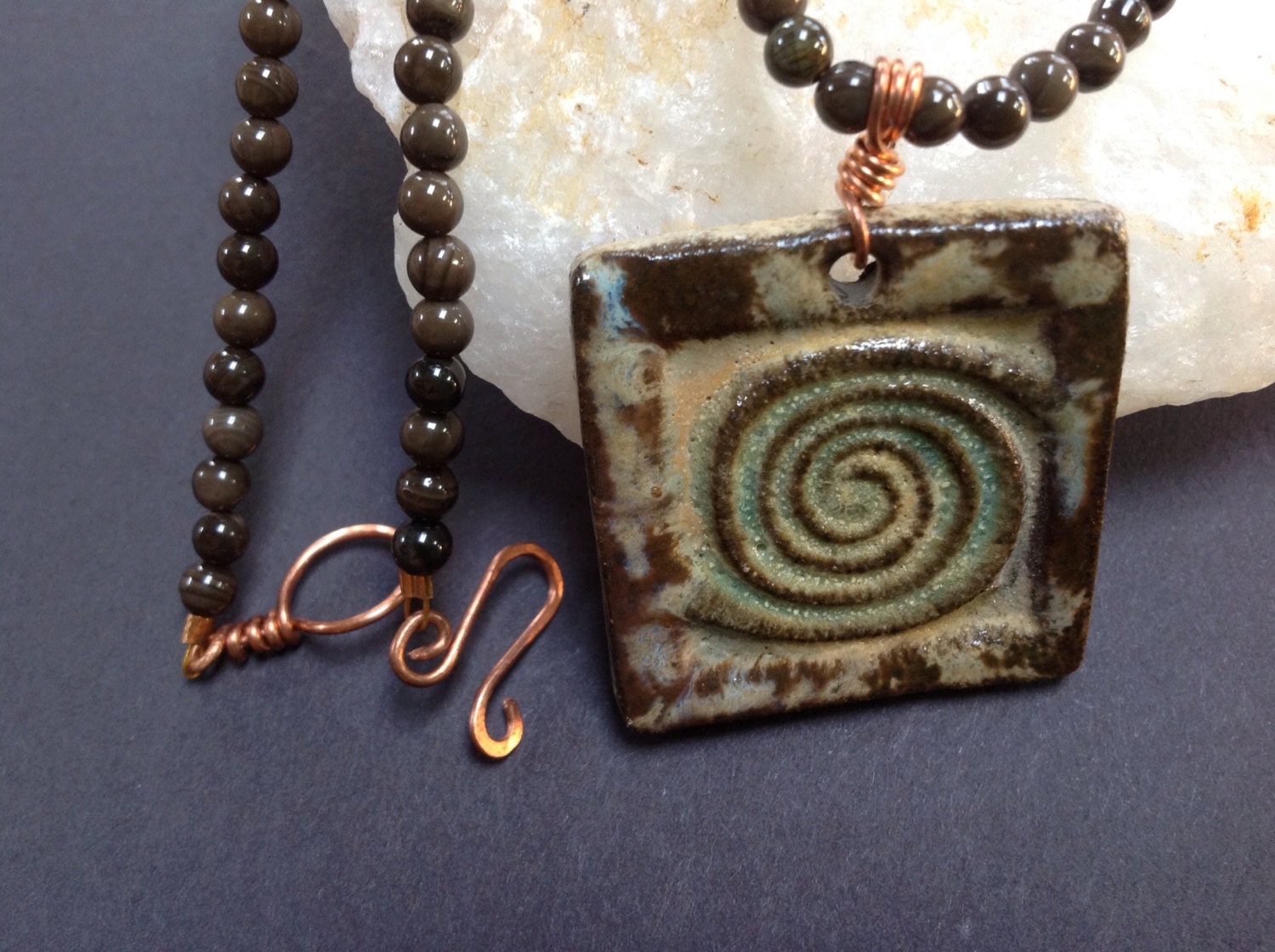 Ceramic swirl pendant with chocolate jasper