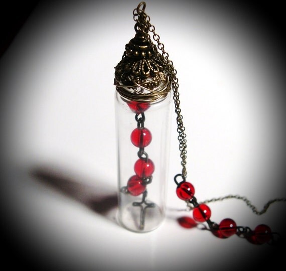 Glass Vial Necklace Red Beads and Cross by AmongTheRuins on Etsy