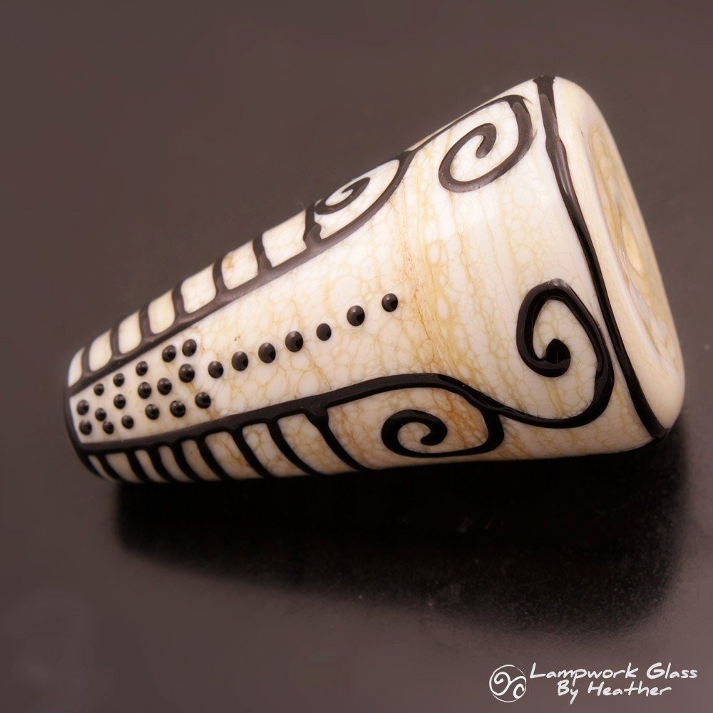 Lampwork Bead Black Scrolls Lines Dots on Cream Cone Focal Bead Handmade Glass Heather Behrendt  BHV SRA LETeam