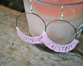Pink Crochet Lace Hoop Earrings. Shabby Chic, Cottage Chic, Boho