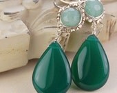 Green chalcedony and blue quartz, sterling silver, wire wrapped dangle earrings "Vivian" handmade, blue and green, leverback earrings
