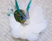 Full Feather Flower - Ivory Peacock with Teal Blue and Veil Accents Multi Layer Bloom Bridal Flower Fascinator
