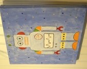 Baby nursery decor Children wall art boys artwork paintings Kids room decor Nursery wall art 12 x 12 blue gray android "retro robot"