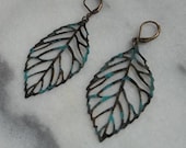 Verdigris and black patina and Brass filigree leaf earrings minimalist modern everyday wear bohemian lightweight fall autumn simple
