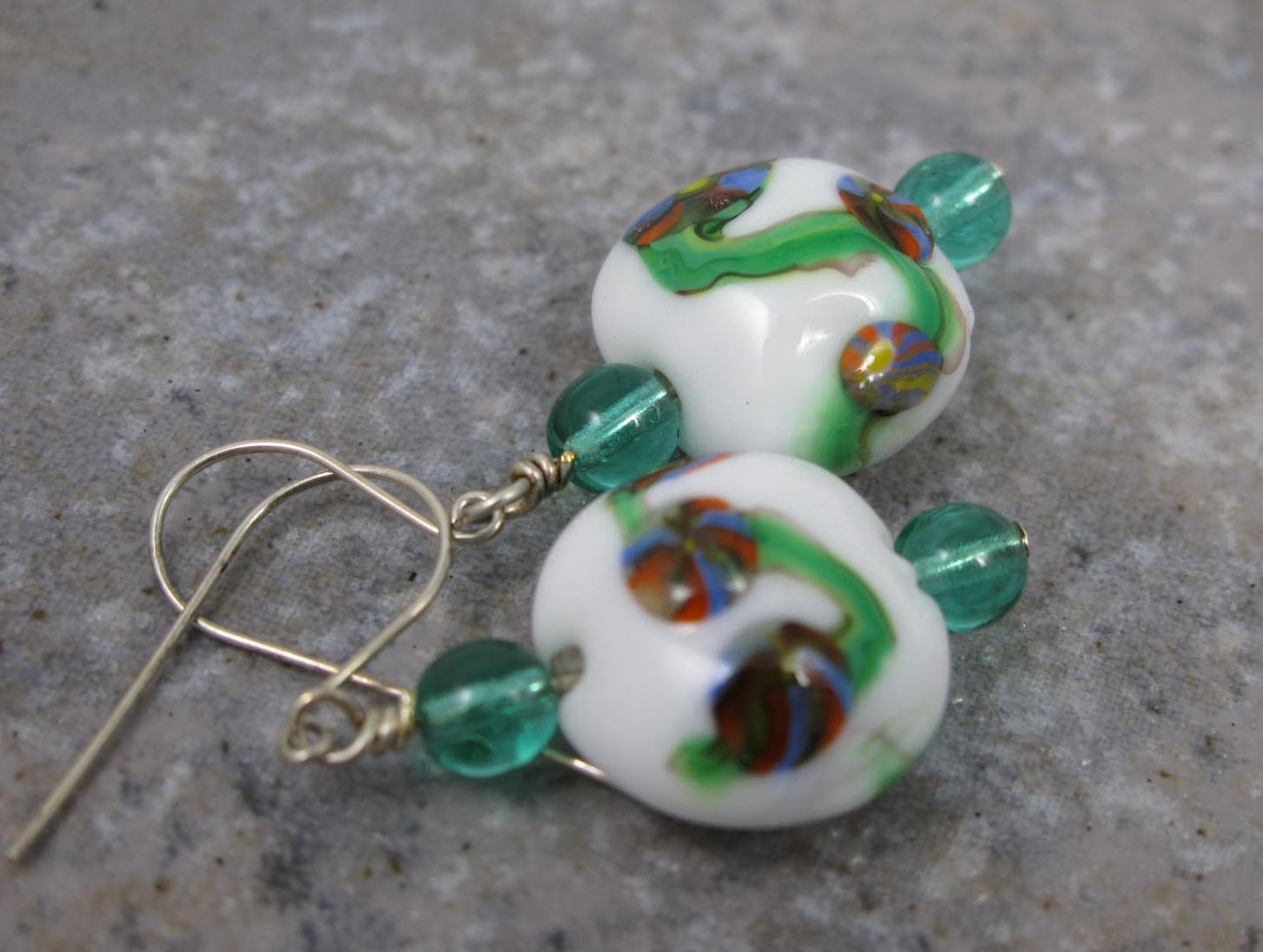 White, Green, Handmade, Lampwork, Glass Bead Earrings, Wedding, Anniversary, Birthday, Gift