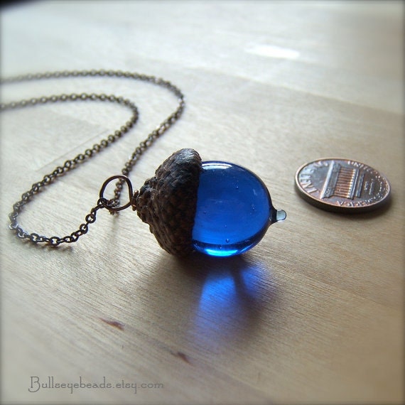 Glass Acorn Necklace by Bullseyebeads - September Birthstone Sapphire Blue