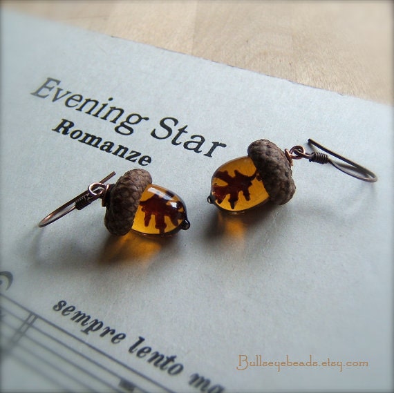 Glass Autumn Acorn Earrings Topaz with Encased Copper Leaves by Bullseyebeads