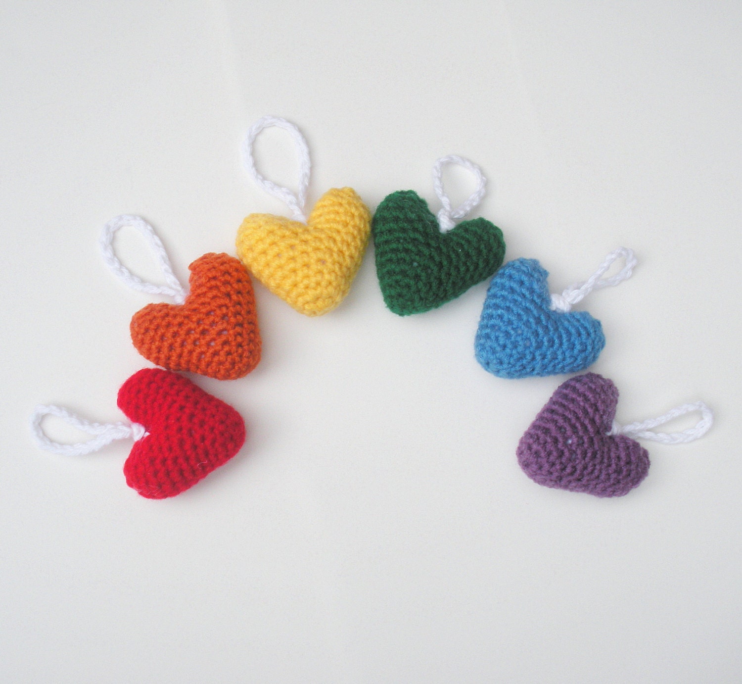 Plush Heart Ornaments set of six, amigurumi rainbow hearts, ready to ship.