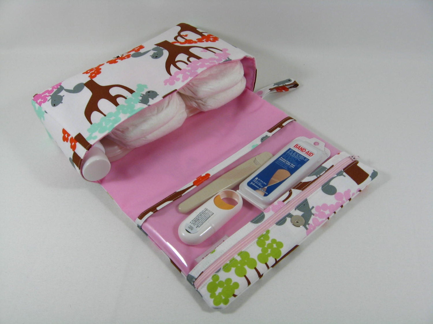 Diaper Clutch with clear zipper pouch --Get Together Squirrels and Trees Sorbet -pink