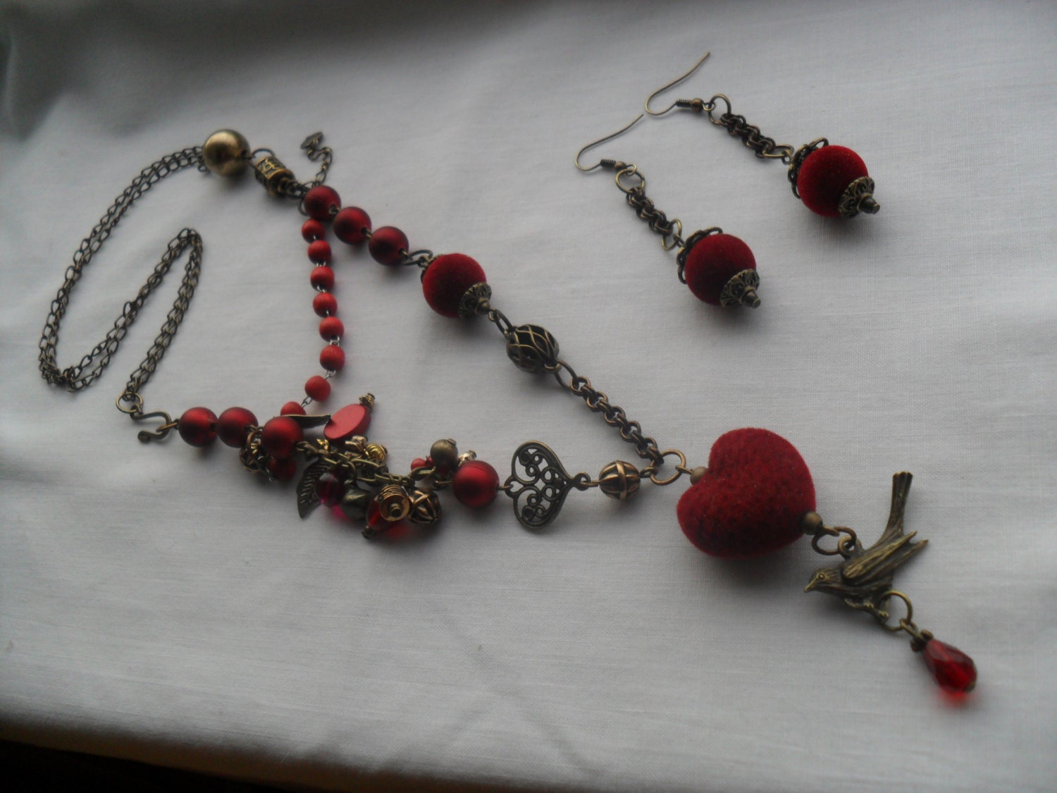 That Fuzzy Feeling..Velvet Heart Artisan Necklace and Earrings with Vintage rosary Chain..free shipping