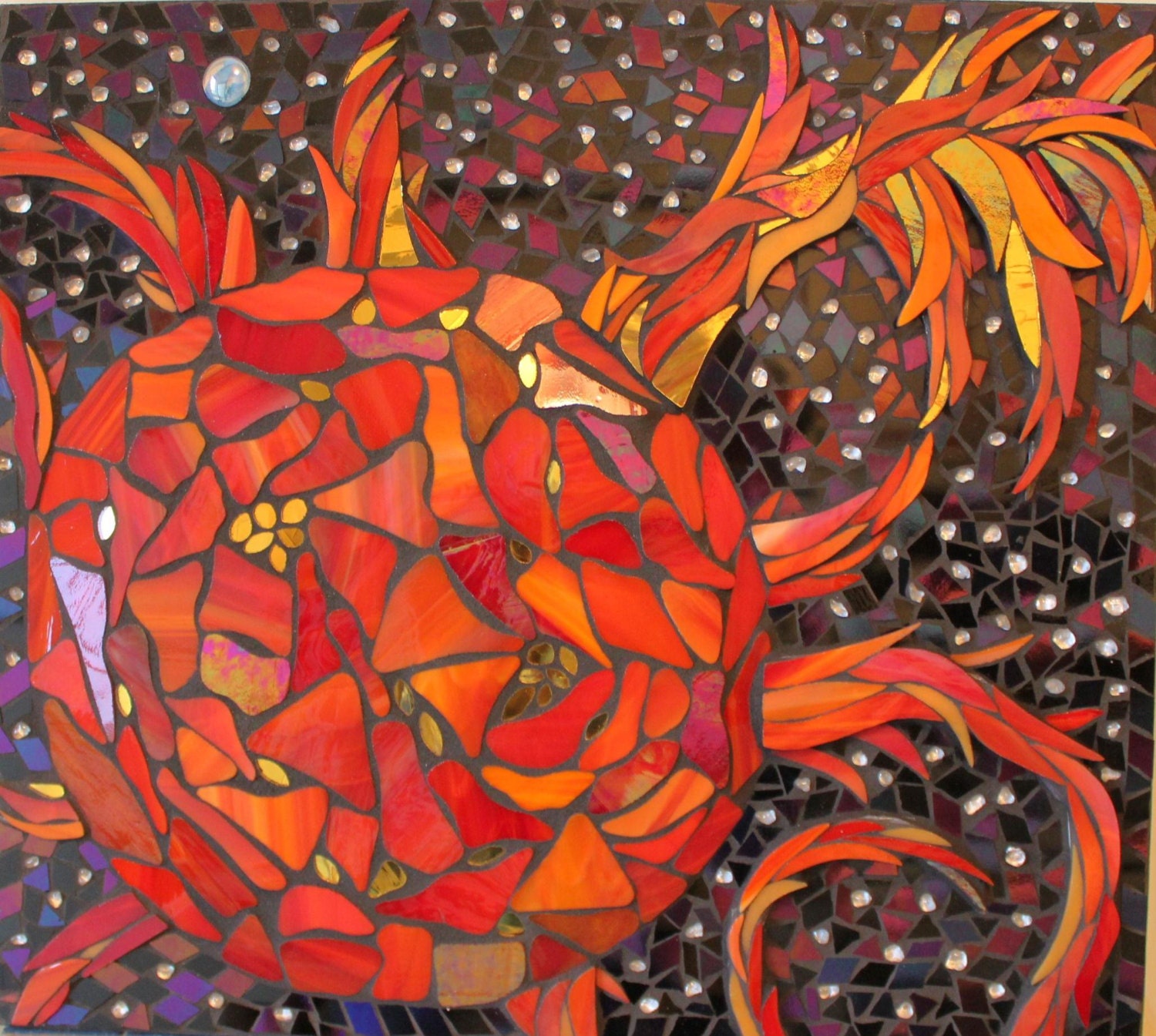 Stained Glass Mosaic Sun, Earth, Cosmos, Space, Solar Flares, Red - GlassArtsStudio