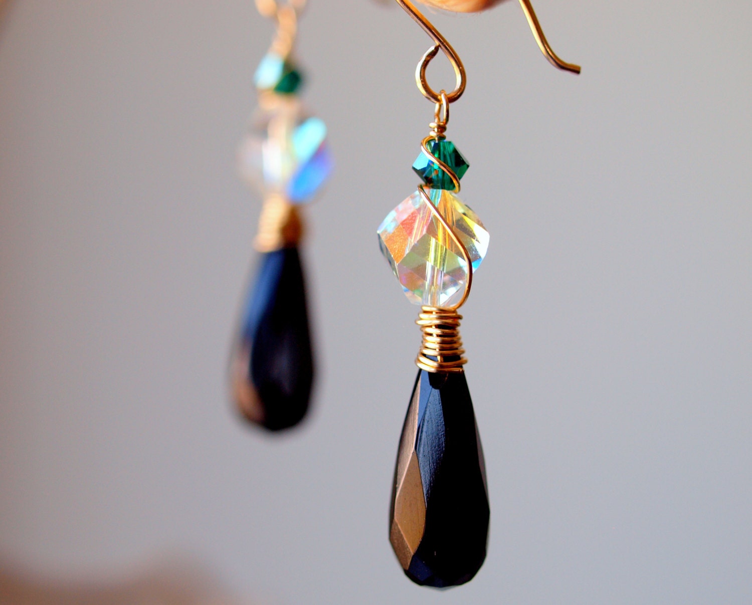 Black briolette earrings long dangle with emerald and crystal moonlight swarovski