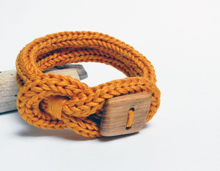Knot bracelet, mustard yellow cotton bracelet. Square wood button, knitted jewelry. Knit bracelet, unisex