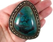 Eilat Chrysocolla Solomon Stone Stone Sterling Silver Pendant Brooch - Signed Israel HUGE - InVintageHeaven