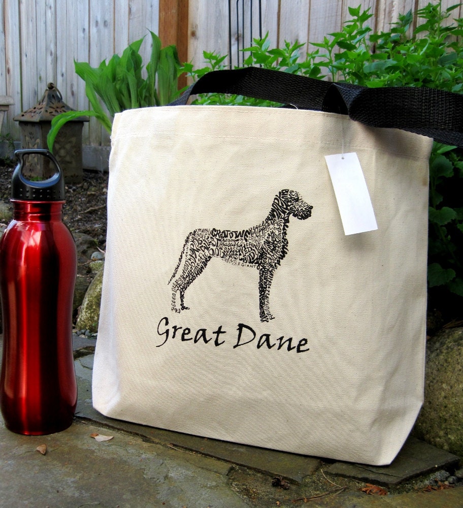 Canvas Tote Bag with Screen Printed Great Dane Art, Great Dane Typography Calligram Shopping Bag, Dog Art Tote w Black Handles