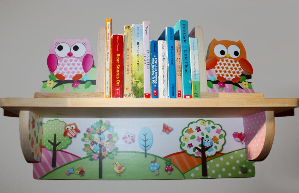 Owls Love Birdies Wood Bookends and Bookshelf Girls Nature Kids Bedroom Baby Nursery