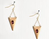 Brass Triangle Earrings with Vintage Plum Amethyst Quartz Cabochons