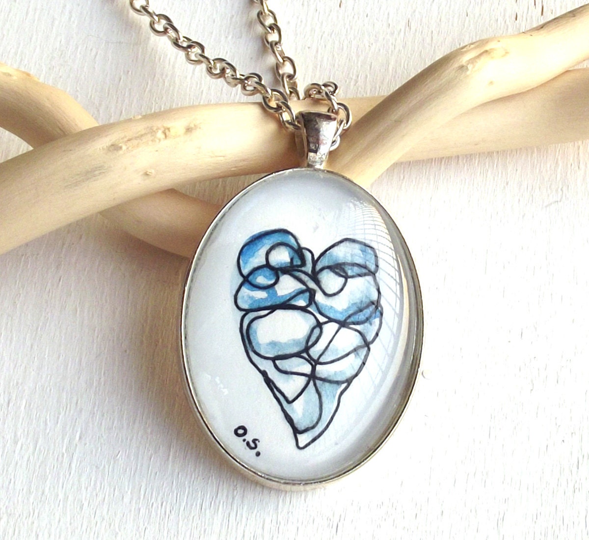 original hand-painted art pendant- Blue Heart  - Valentine gift not a print,  necklace ,  silver plated