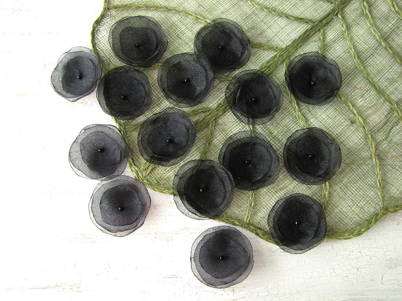 Handmade organza flowers, sew on flower appliques, floral embellishments, table scatter, diy bouquet supplies, fabric flowers (15pcs)- BLACK