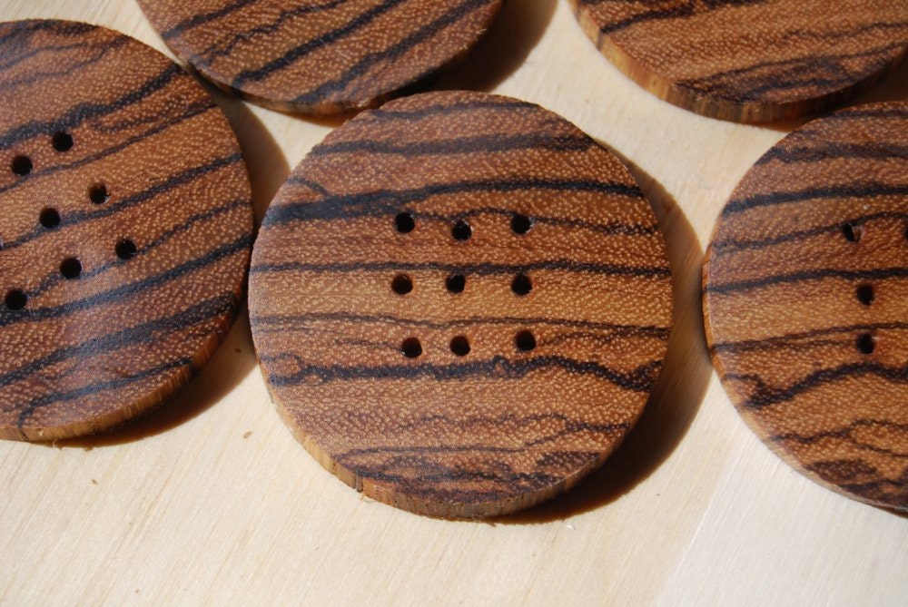 6 Large Round Wooden Buttons, Handmade from Tigerwood, 1 7/8 inches (48 mm), 9 Holes
