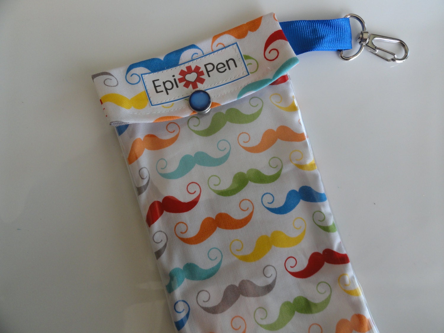 Epi Allergy Pen Carrier Easy to View Clear Front  / Swivel Clip 4x8 Holds 2 Adult or Jr.   Mustache on Cream Fabric