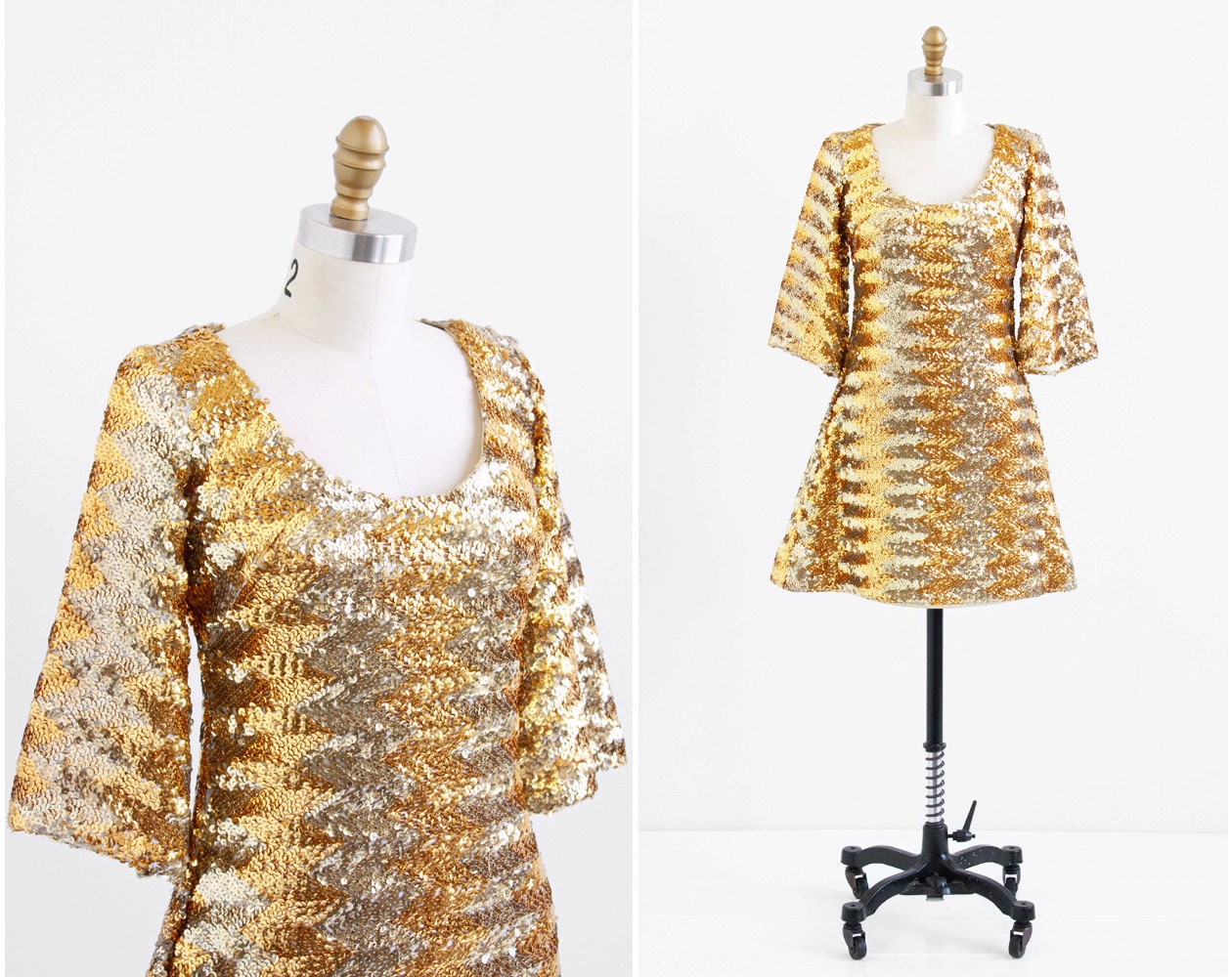 vintage 1960s dress / 60s dress / Gold Sequin Mad Men Mod Mini Dress