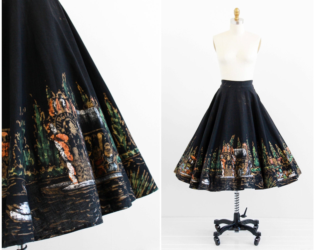 1950s skirt / 50s hand painted skirt / Black and Gold Painted Novelty Souvenir Circle Skirt