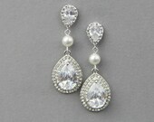Bridal teardrop  drop earrings, Wedding crystal  pearl earrings ,wedding jewelry , vintage wedding jewelry- Style 539