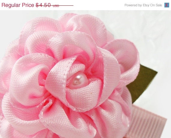 HAIR CLIP SALE... Brielle / Light pink satin ribbon rose hair clip - no slip hair clip