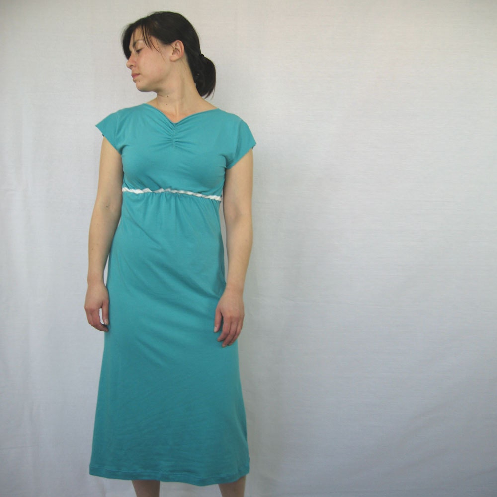 20% Off Empire Waist Maxi Dress in Mint Blue and White