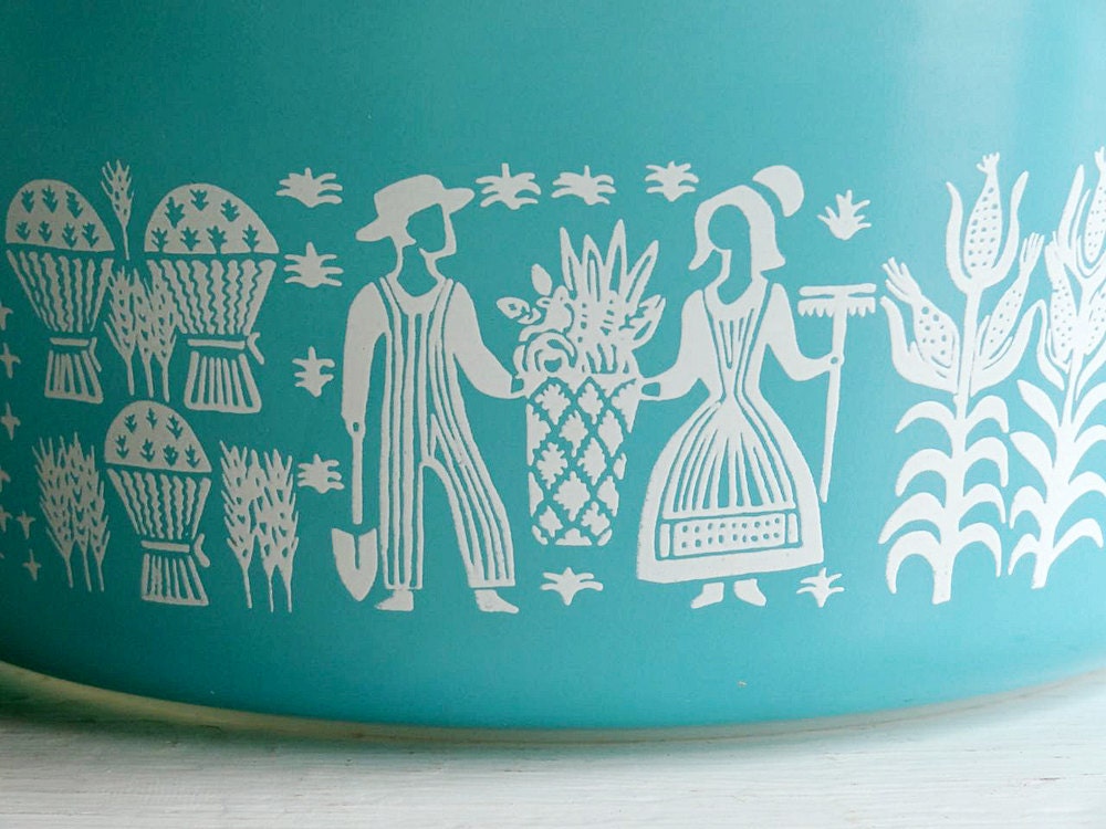 vintage Pyrex dish or bowl, Amish butterprint, turquoise and white, ovenware or casserole