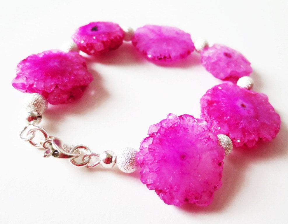 Fuchsia pink solar quartz bracelet.  Rugged bracelet.  Silver lobster clasp.