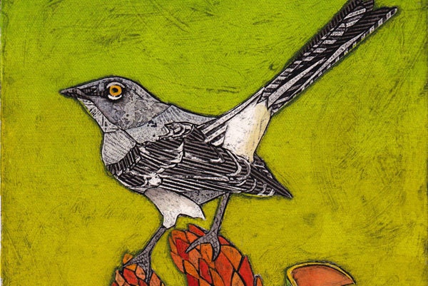 Northern Mockingbird Hand-Pulled Collograph - Dive Bomber 6
