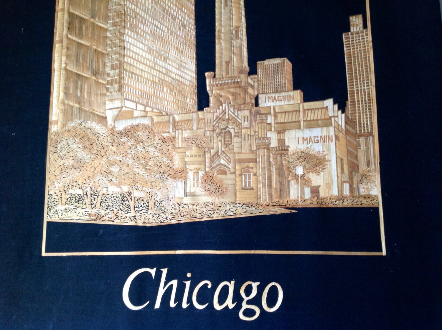 CHICAGO in rice leaves.  Handmade leaf art of Chicago skyline. Collectible leaf art of Chicago  ETSY art