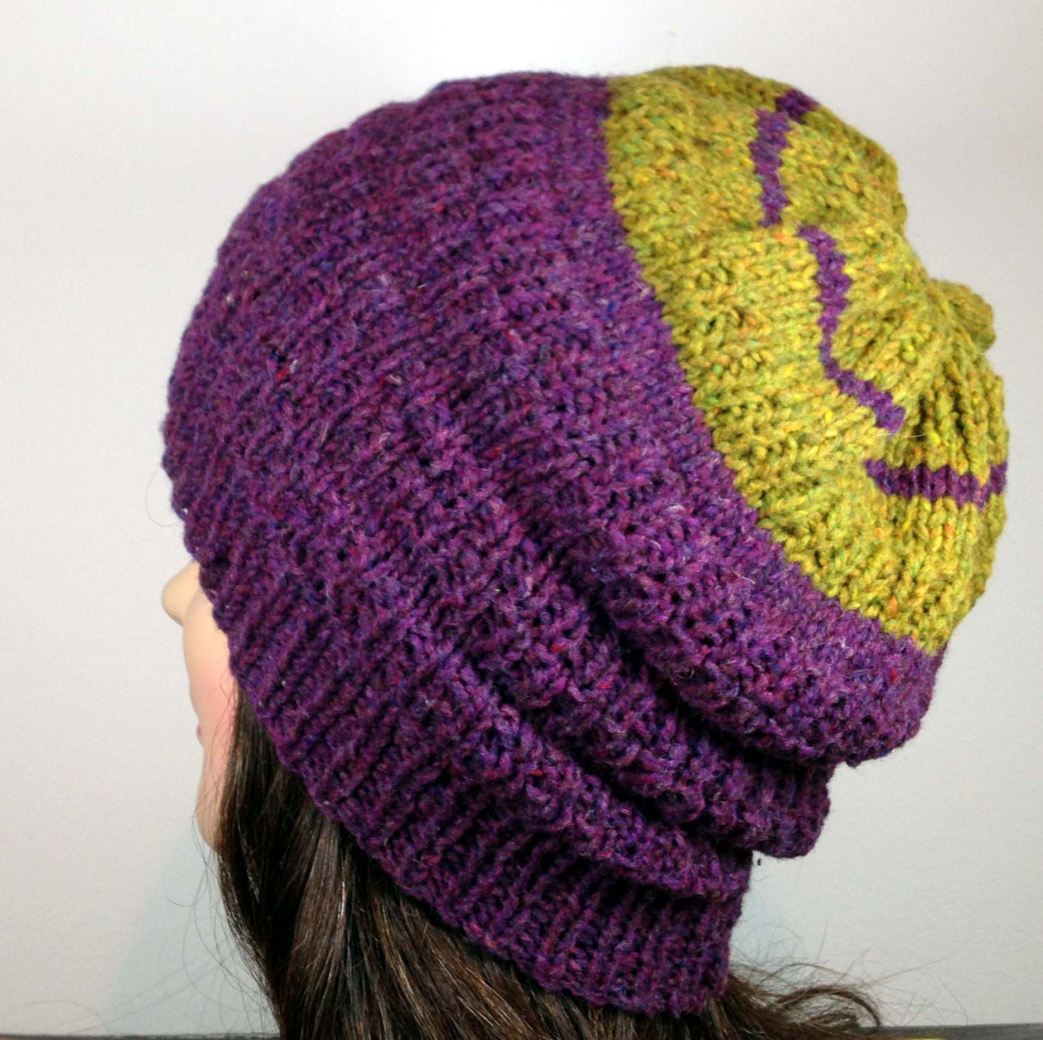 Knit Wool Textured Beanie Hat in Purple and Green Tweed