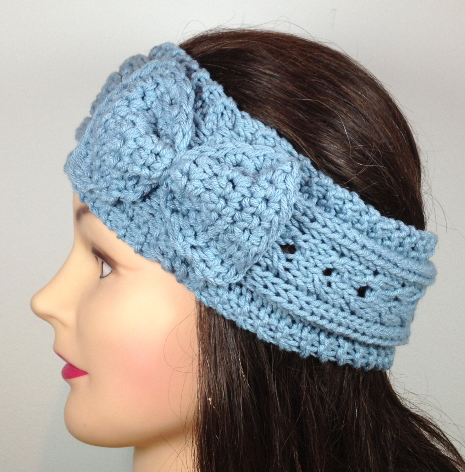 SALE Hand Knit Cabled Headband With Bow in Light Blue Cotton Blend