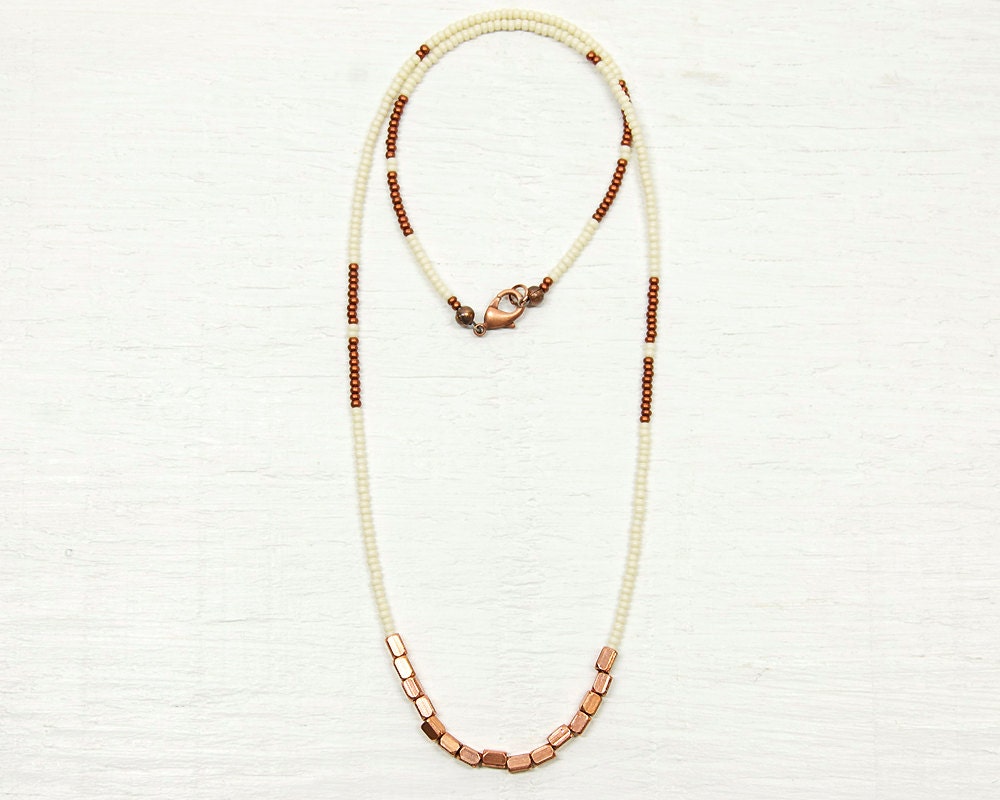 Minimal Seed Bead Necklace // Bone White and Copper // Everyday Collection