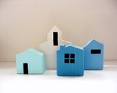 handmade  wooden folk art tiny architecture.. little houses and a steeple set