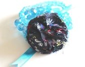 ON SALE Fabric flower corsage stretch bracelet crystal beaded