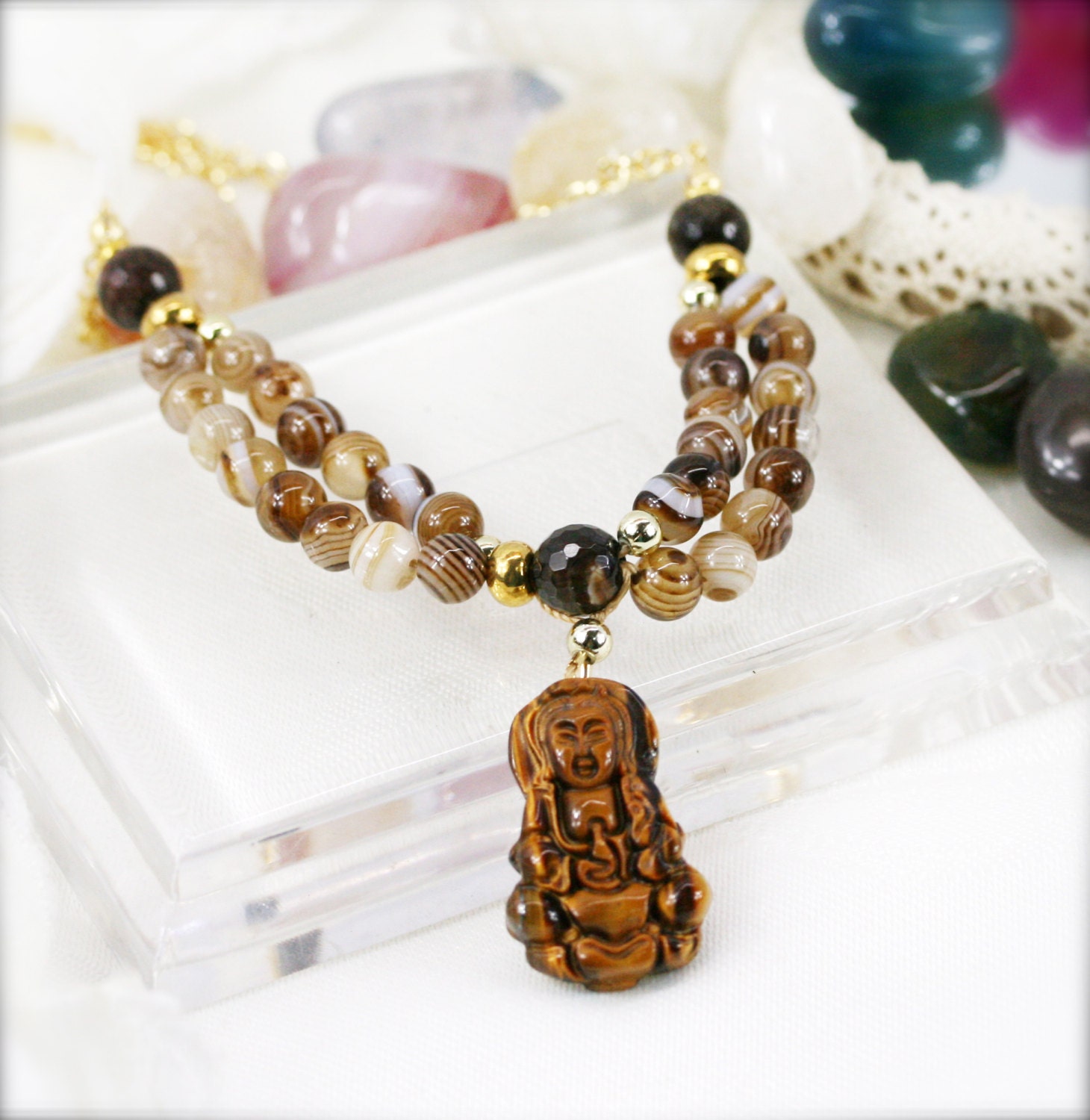 Guanyin compassion necklace (BA) - botswana agate and tigereye